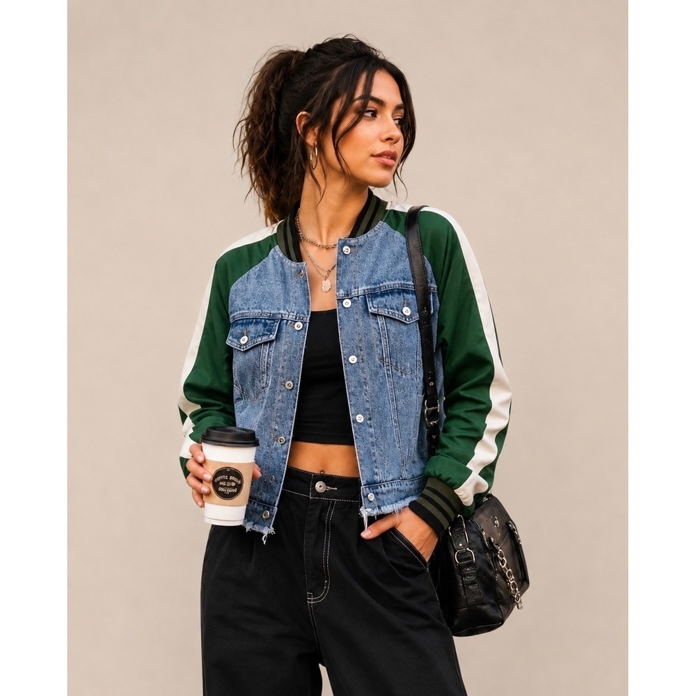 Akira Mixed Media Denim Bomber Jacket Green Varsity Frayed Hem Small